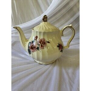 VTG Sadler England cream white pink roses swirl porcelain teapot numbered